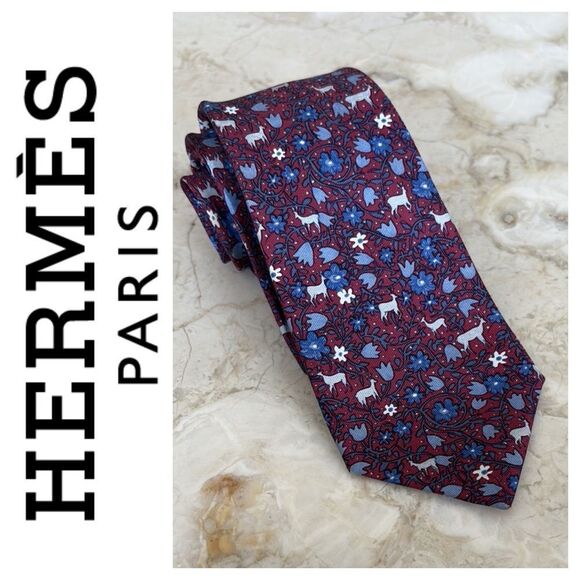 Hermès 100% Silk Printed Tie Floral & Deer - Picture 1 of 9